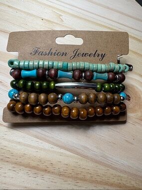 Earthy Beaded Bracelet Stack with Turquoise Accent